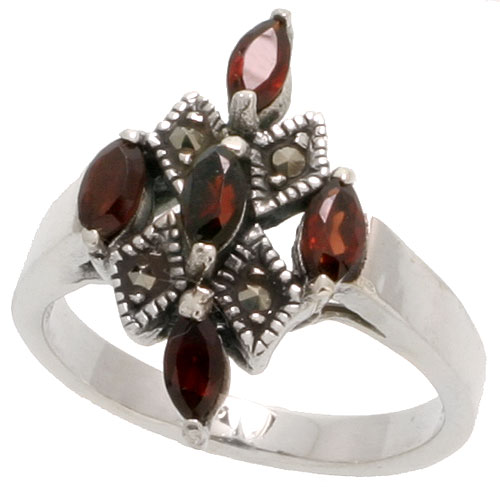 Sterling Silver Marcasite Cross Ring, w/ Natural Garnet, 1" (25 mm) wide