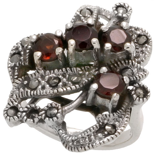 Sterling Silver Marcasite Floral Ring, w/ Brilliant Cut Natural Garnet, 15/16&quot; (24 mm) wide