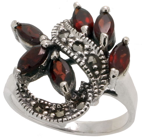 Sterling Silver Marcasite Swirl Ring, w/ Natural Garnet, 7/8&quot; (22 mm) wide