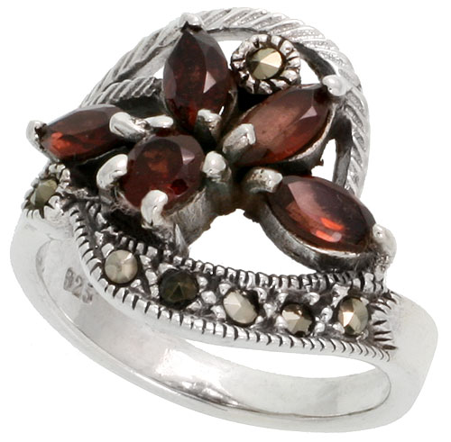 Sterling Silver Marcasite Swirl Ring, w/ Brilliant &amp; Natural Garnet, 3/4&quot; (19 mm) wide