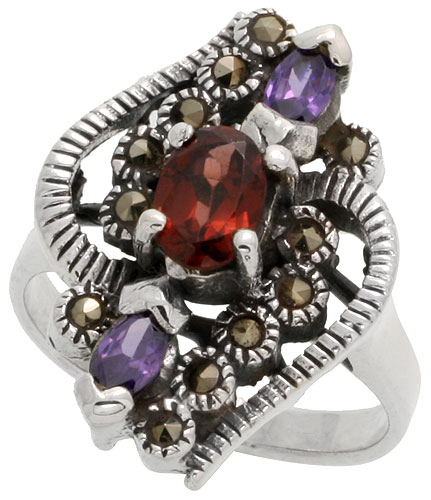 Sterling Silver Marcasite Freeform Ring, w/ Natural Garnet &amp; Pear-shape Amethyst CZ, 15/16&quot; (24 mm) wide