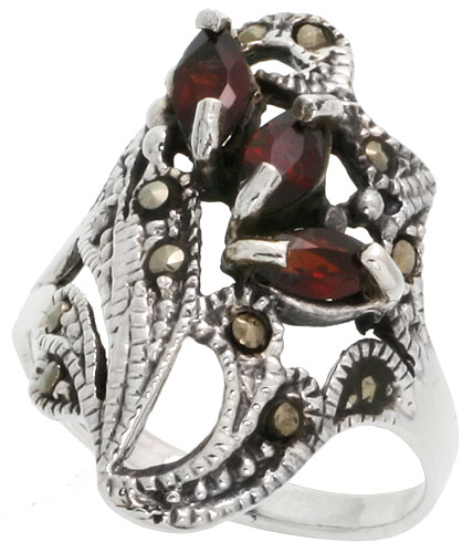 Sterling Silver Marcasite Freeform Ring, w/ Natural Garnet, 1&quot; (25 mm) wide
