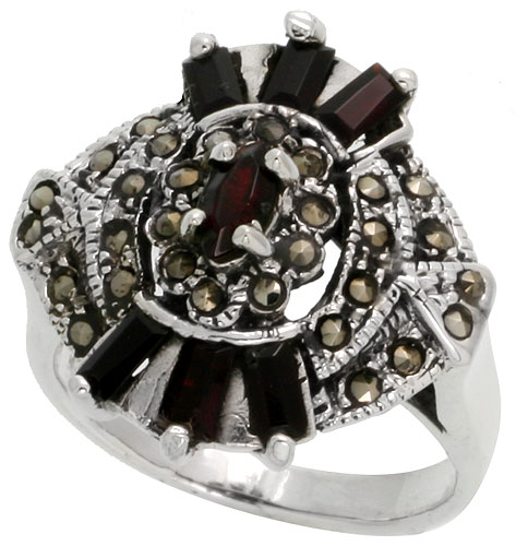 Sterling Silver Marcasite Oval-shaped Ring, w/ Baguette Natural Garnet, 15/16&quot; (24 mm) wide