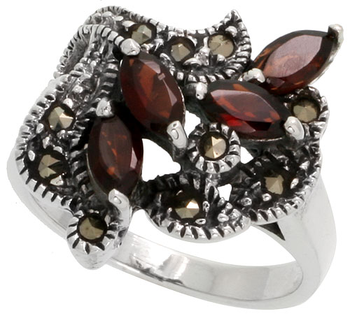 Sterling Silver Marcasite Freeform Ring, w/ Natural Garnet, 7/8&quot; (22 mm) wide