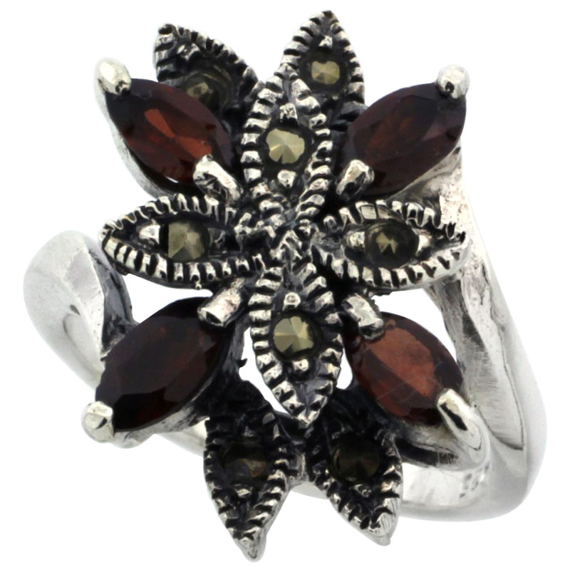 Sterling Silver Marcasite Flower Ring, w/ Natural Garnet, 3/4&quot; (20 mm) wide