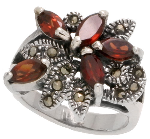 Sterling Silver Marcasite Floral Ring, w/ Natural Garnet, 11/16&quot; (17 mm) wide