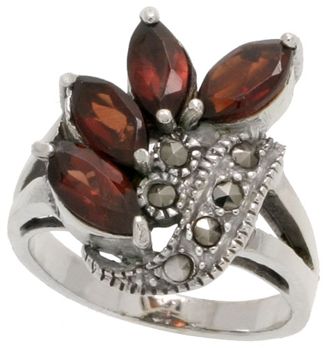 Sterling Silver Marcasite Freeform Ring, w/ Natural Garnet, 3/4&quot; (19 mm) wide