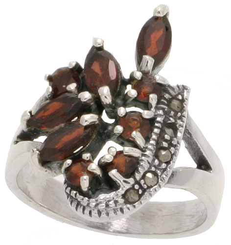 Sterling Silver Marcasite Freeform Ring, w/ Natural Garnet, 3/4&quot; (19 mm) wide