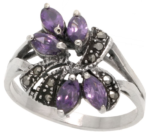 Sterling Silver Marcasite Floral Ring, w/ Marquise Cut Amethyst CZ, 3/4" (19 mm) wide