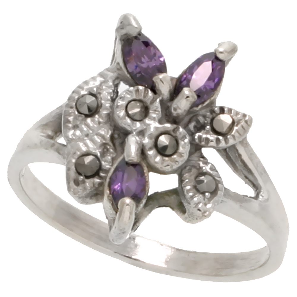 Sterling Silver Marcasite Leaf Design Ring, w/ Marquise Cut Amethyst CZ, 11/16&quot; (18 mm) wide