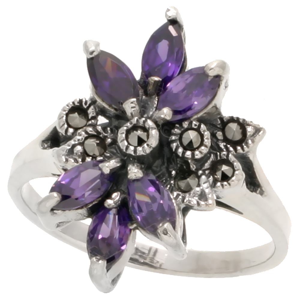 Sterling Silver Marcasite Flower Ring, w/ Marquise Cut Amethyst CZ, 11/16&quot; (18 mm) wide
