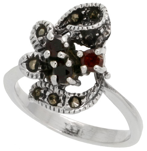 Sterling Silver Marcasite Freeform Ring, w/ Brilliant Cut Natural Garnet, 11/16&quot; (17 mm) wide