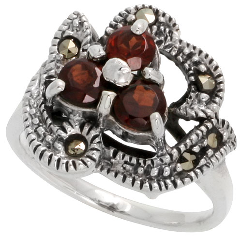 Sterling Silver Marcasite Freeform Ring, w/ Brilliant Cut Natural Garnet, 9/16&quot; (15 mm) wide