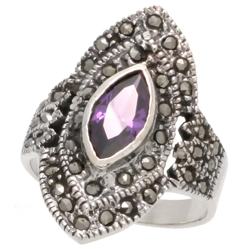 Sterling Silver Marcasite Diamond-shaped Ring, w/ Marquise Cut Amethyst CZ, 1" (25 mm) wide