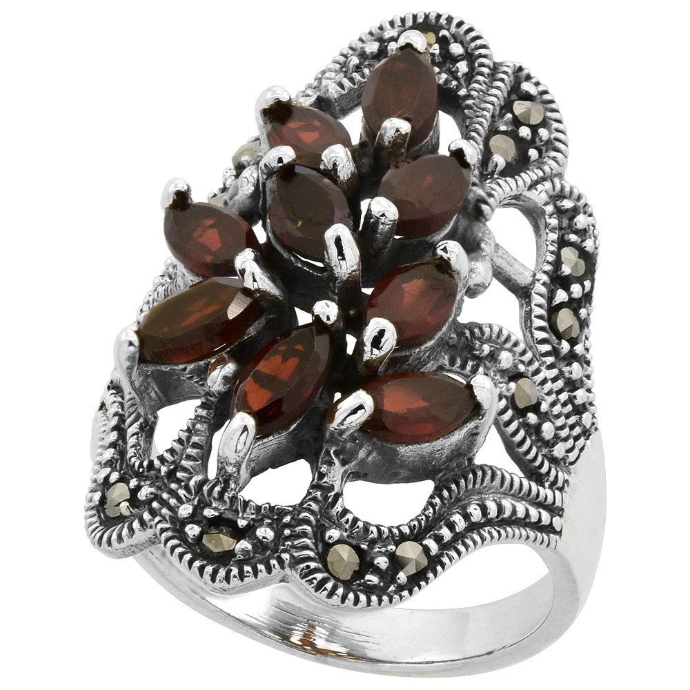 Sterling Silver Marcasite Freeform Ring, w/ Natural Garnet, 1 3/16&quot; (30 mm) wide