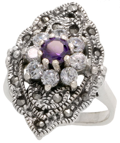 Sterling Silver Marcasite Floral Ring, w/ Brilliant Cut Clear &amp; Amethyst CZ, 1 1/16&quot; (28 mm) wide