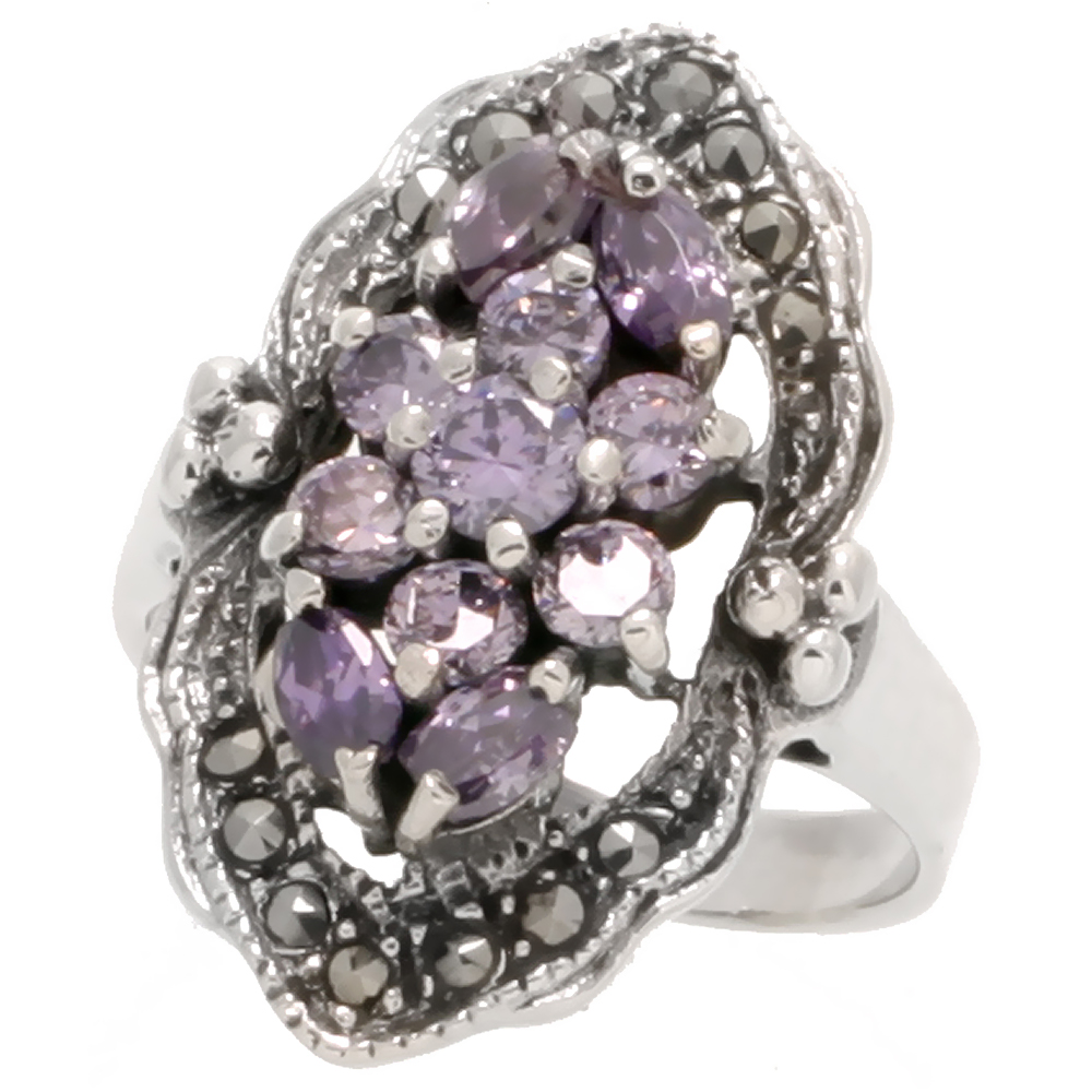 Sterling Silver Marcasite Marquise-shaped Ring, w/ Brilliant & Marquise Cut Amethyst CZ, 1" (25 mm) wide