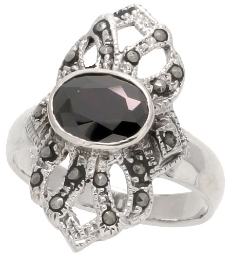 Sterling Silver Marcasite Freeform Ring, w/ Oval Cut Amethyst CZ, 1 1/8&quot; (29 mm) wide