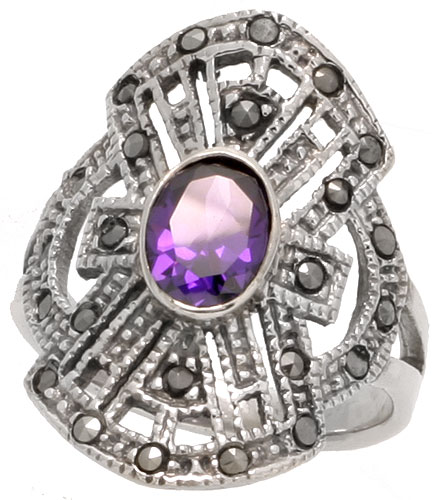 Sterling Silver Marcasite Freeform Ring, w/ Oval Cut Amethyst CZ, 1&quot; (26 mm) wide