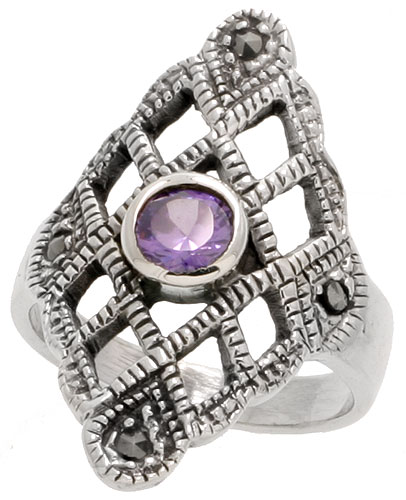 Sterling Silver Marcasite Diamond-shaped Ring, w/ Brilliant Cut Amethyst CZ, 1 3/16&quot; (30 mm) wide