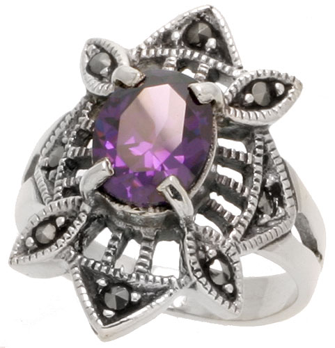 Sterling Silver Marcasite Diamond-shaped Ring, w/ Oval Cut Amethyst CZ, 1&quot; (25 mm) wide