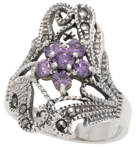 Sterling Silver Marcasite Flower Ring, w/ Brilliant Cut Amethyst CZ, 15/16&quot; (24 mm) wide
