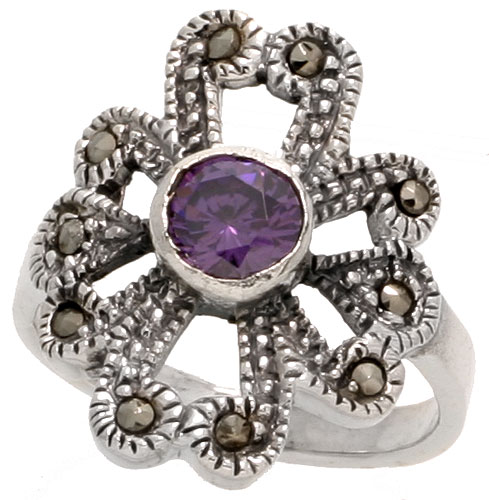 Sterling Silver Marcasite Flower Ring, w/ Brilliant Cut Amethyst CZ, 7/8&quot; (23 mm) wide