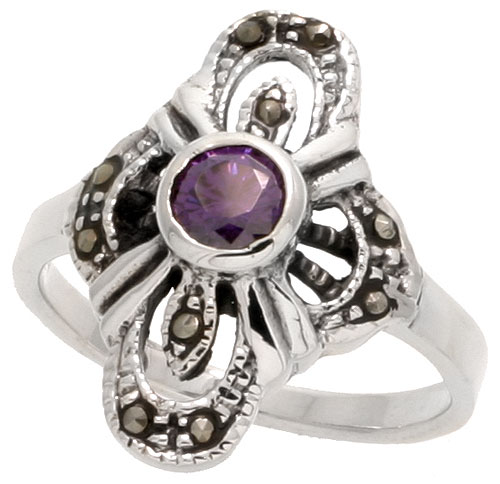 Sterling Silver Marcasite Cross-shaped Ring, w/ Oval Cut Amethyst CZ, 15/16&quot; (24 mm) wide