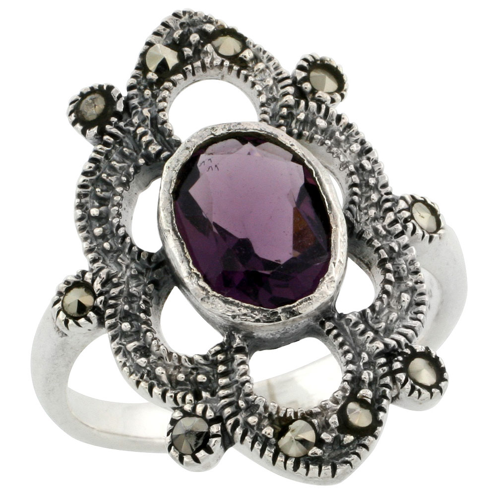 Sterling Silver Marcasite Floral Ring, w/ Oval Cut Amethyst CZ, 1&quot; (25 mm) wide