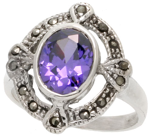 Sterling Silver Marcasite Oval Cut Out Ring, w/ Oval Cut Amethyst CZ, 15/16&quot; (24 mm) wide