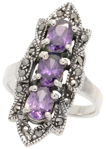 Sterling Silver Marcasite Oblong Ring, w/ Oval Cut Amethyst CZ, 1 3/16&quot; (30 mm) wide