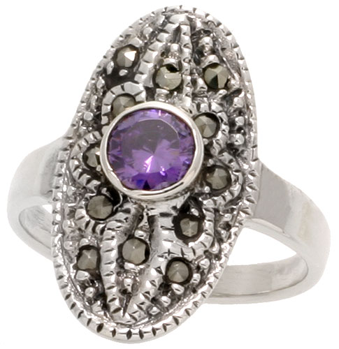 Sterling Silver Marcasite Oblong Ring, w/ Brilliant Cut Amethyst CZ, 15/16&quot; (24 mm) wide