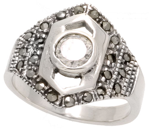Sterling Silver Marcasite Hexagon-shaped Ring, w/ Brilliant Cut CZ Stone, 3/4" (19 mm) wide