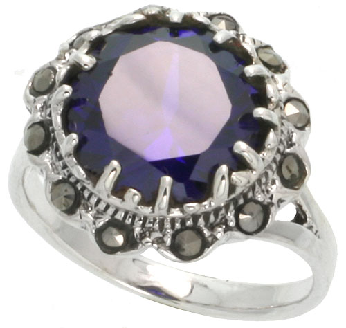 Sterling Silver Marcasite Flower Ring, w/ Brilliant Cut Amethyst CZ, 3/4&quot; (19 mm) wide