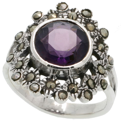 Sterling Silver Marcasite Ring, w/ Brilliant Cut Amethyst CZ, 13/16&quot; (21 mm) wide