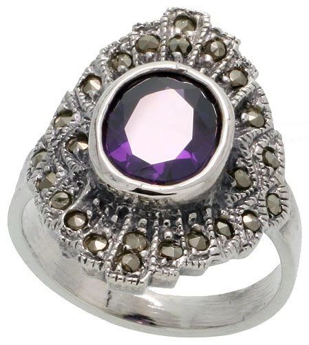 Sterling Silver Marcasite Ring, w/ Oval Cut Amethyst CZ, 13/16&quot; (21 mm) wide