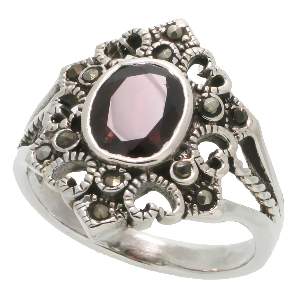 Sterling Silver Marcasite Hexagon-shaped Ring, w/ Oval Cut Natural Garnet, 13/16" (21 mm) wide