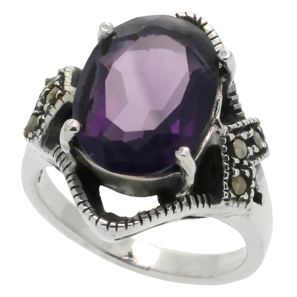 Sterling Silver Marcasite Ring, w/ Large Oval Cut Amethyst CZ, 15/16&quot; (24 mm) wide