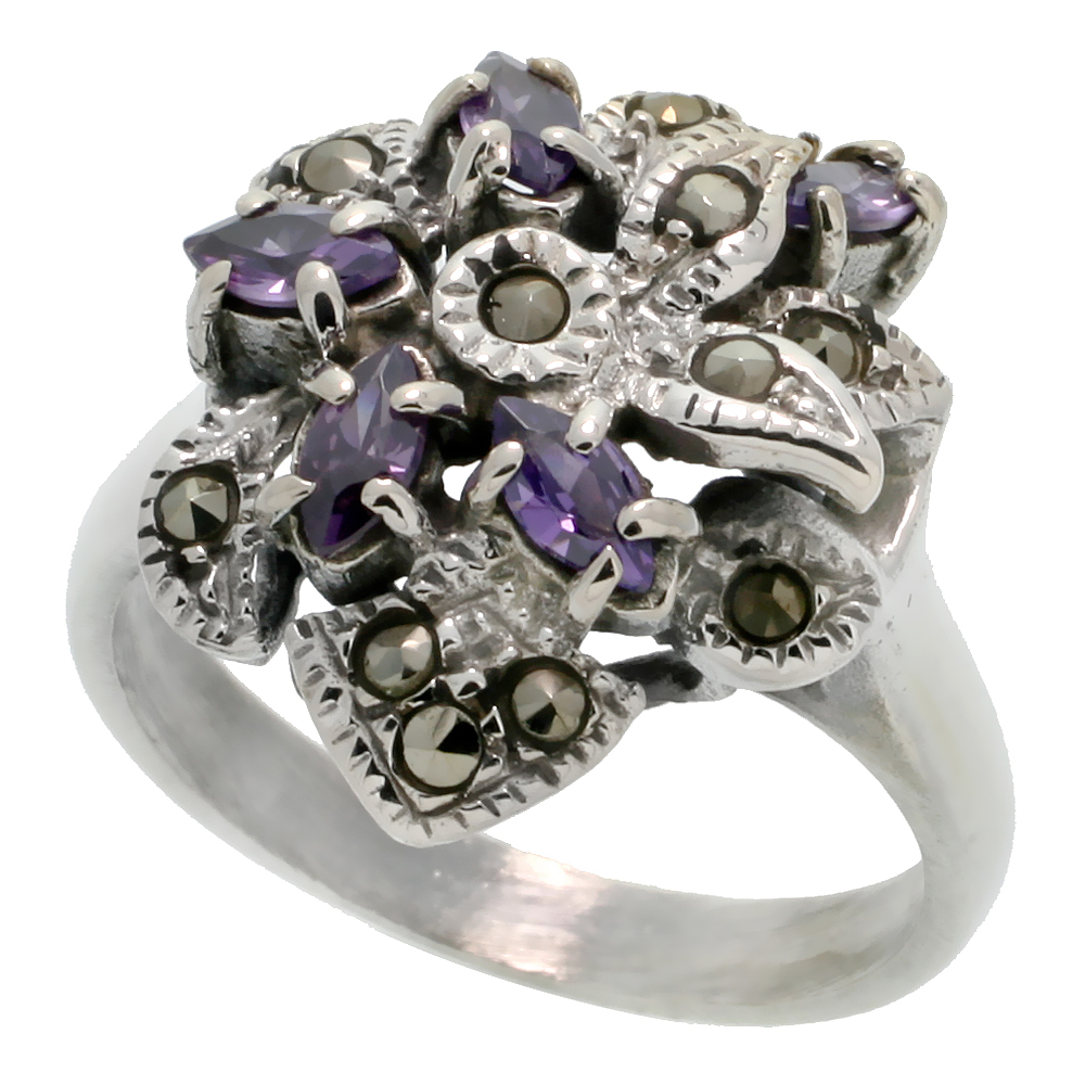 Sterling Silver Marcasite Flower Ring, w/ Marquise Cut Amethyst CZ, 13/16&quot; (21 mm) wide