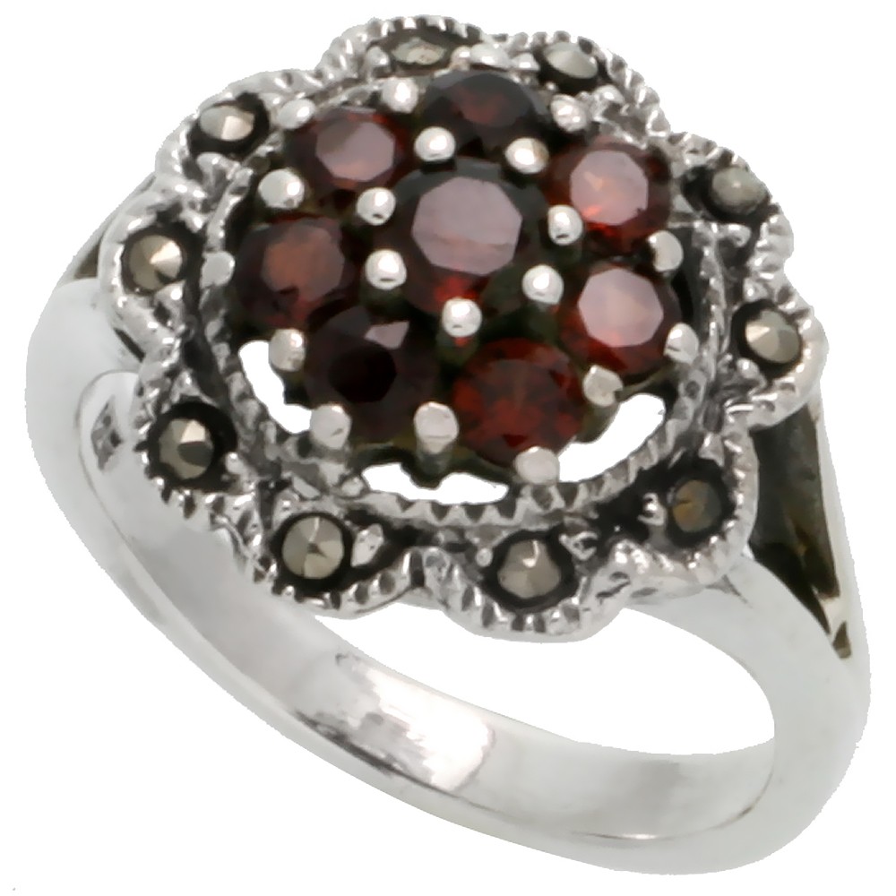 Sterling Silver Marcasite Flower Ring, w/ Brilliant Cut Natural Garnet, 3/4&quot; (20 mm) wide