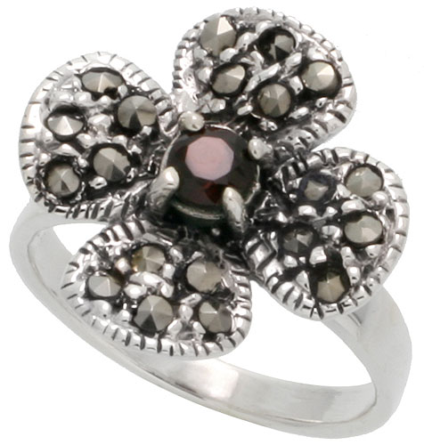 Sterling Silver Marcasite Fancy Clover Flower Ring, w/ Brilliant Cut Natural Garnet, 5/8&quot; (16 mm) wide