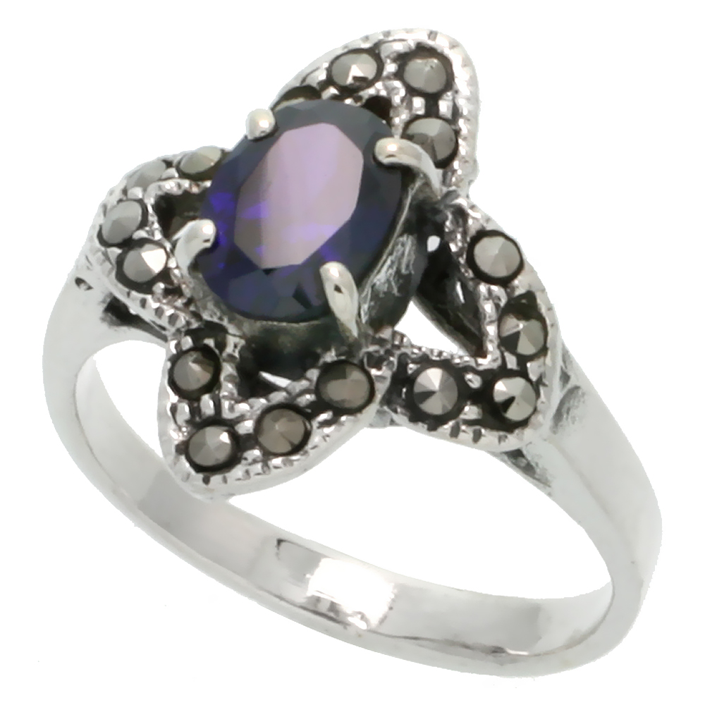 Sterling Silver Marcasite Ring, w/ Oval Cut Amethyst CZ, 3/4&quot; (19 mm) wide