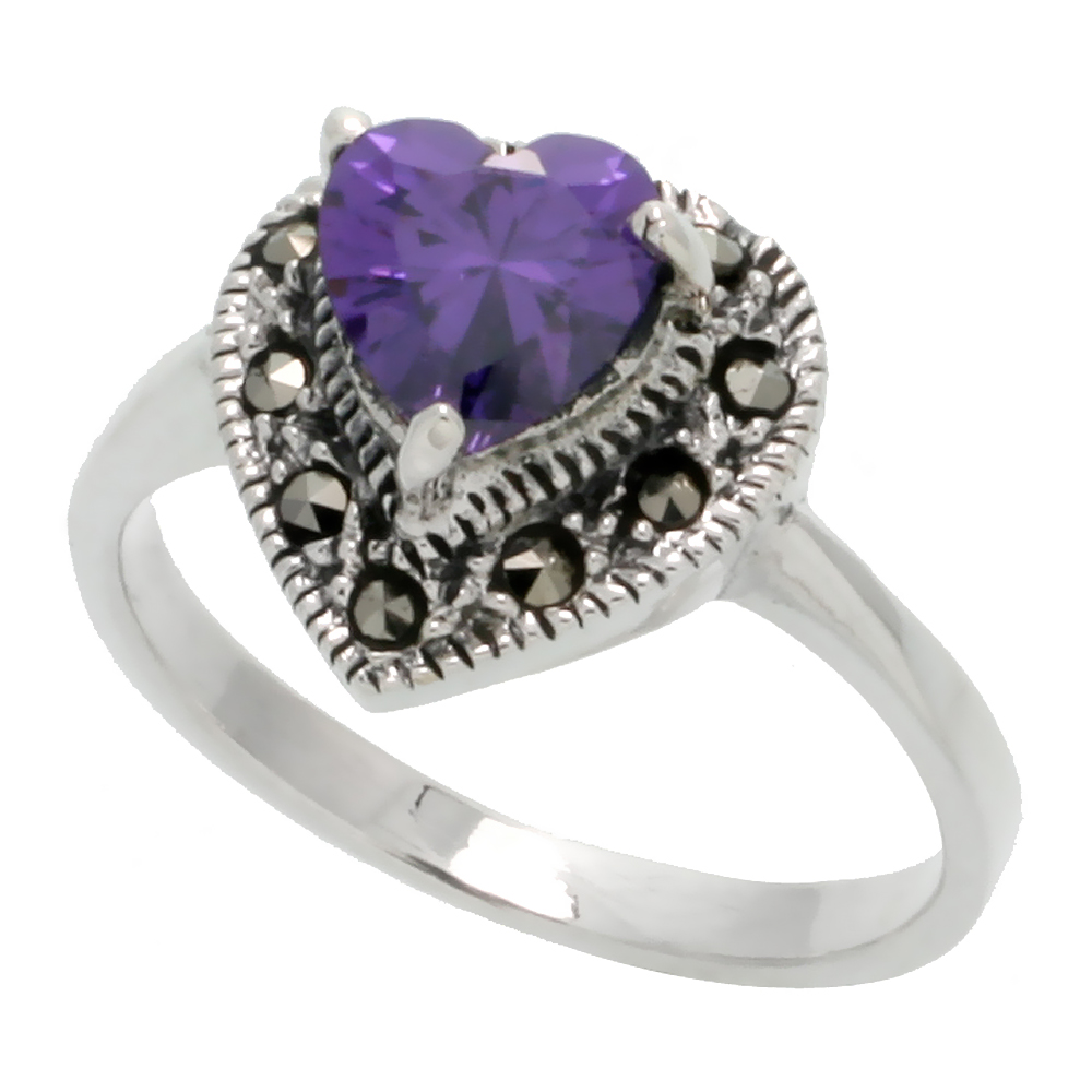 Sterling Silver Marcasite Heart Ring, w/ Amethyst CZ, 5/8&quot; (16 mm) wide