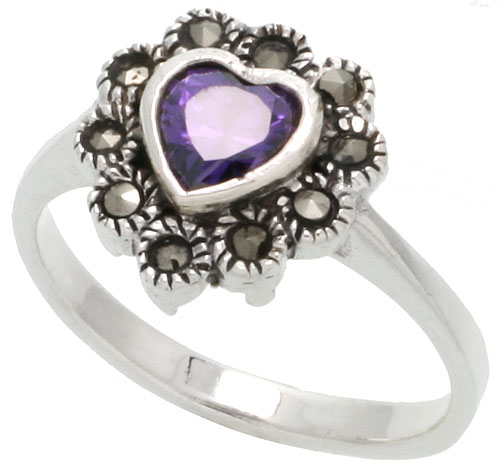 Sterling Silver Marcasite Heart Ring, w/ Amethyst CZ, 9/16&quot; (15 mm) wide