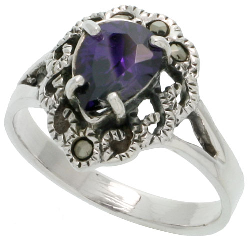 Sterling Silver Marcasite Pear-shaped Ring, w/ Pear Cut Amethyst CZ, 11/16&quot; (17 mm) wide
