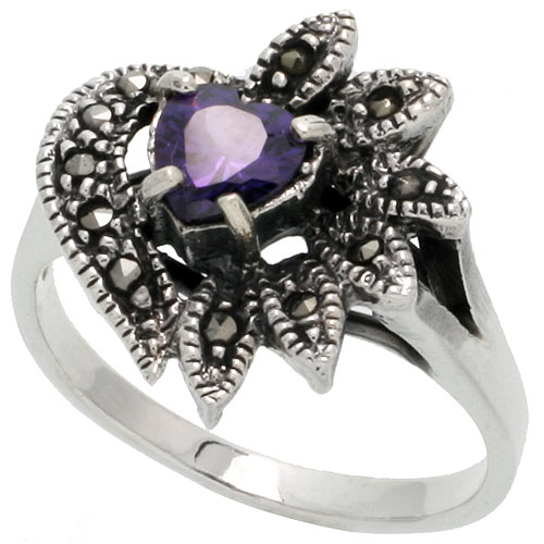 Sterling Silver Marcasite Heart Ring, w/ Amethyst CZ, 9/16&quot; (15 mm) wide