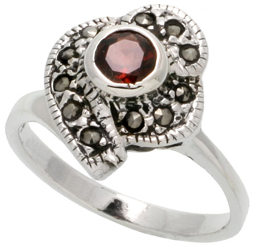 Sterling Silver Marcasite Swirl Ring, w/ Brilliant Cut Natural Garnet, 5/8&quot; (16 mm) wide