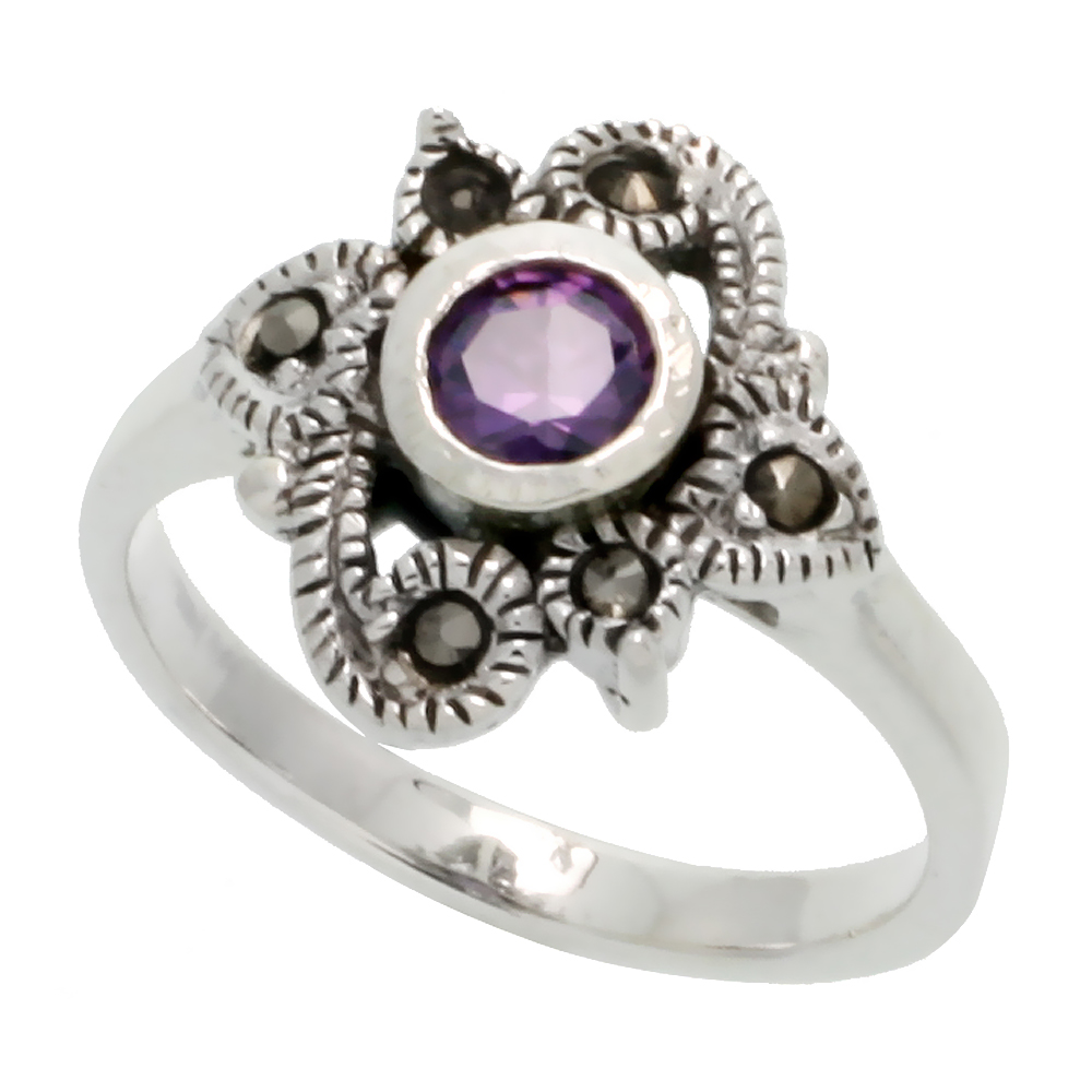 Sterling Silver Marcasite Ring, w/ Brilliant Cut Amethyst CZ, 5/8&quot; (16 mm) wide