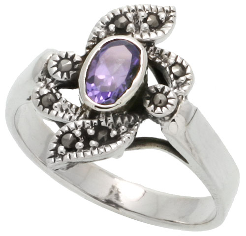 Sterling Silver Marcasite Ring, w/ Oval Cut Amethyst CZ, 3/4&quot; (19 mm) wide