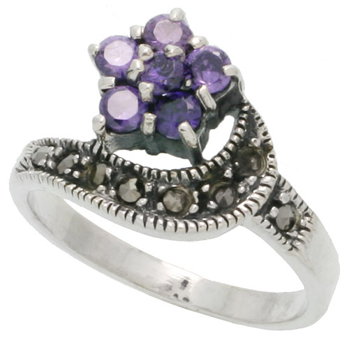 Sterling Silver Marcasite Flower Ring, w/ Brilliant Cut Amethyst CZ, 5/8&quot; (16 mm) wide